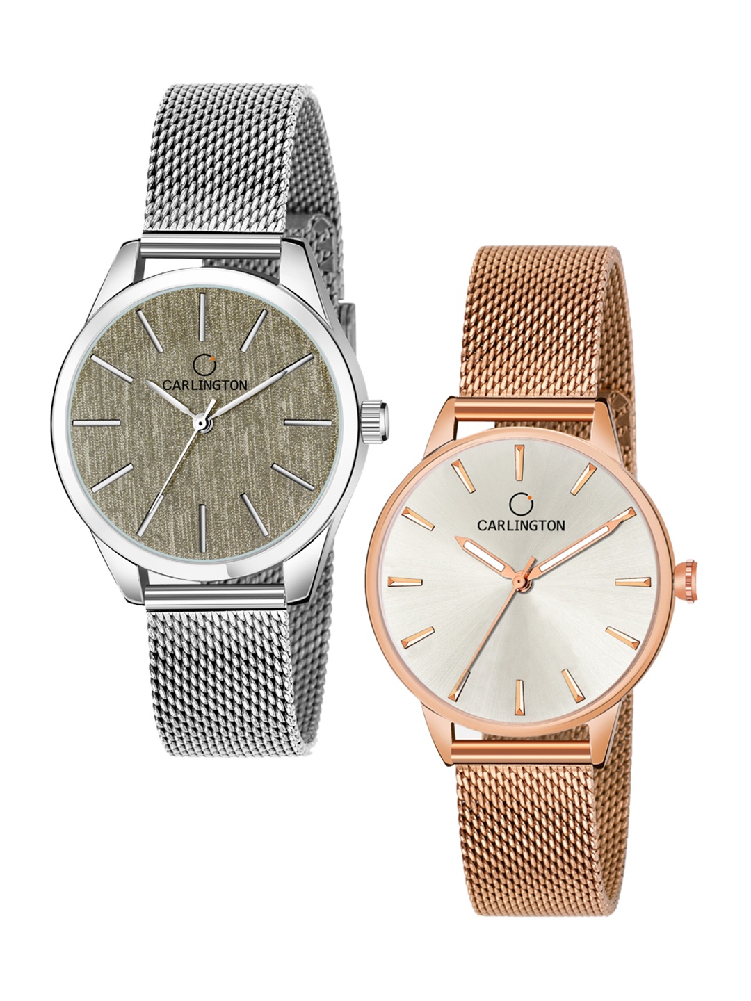 

CARLINGTON Women Rose Gold-Toned Dial & Silver Toned Stainless Steel Bracelet Style Straps Analogue Watch