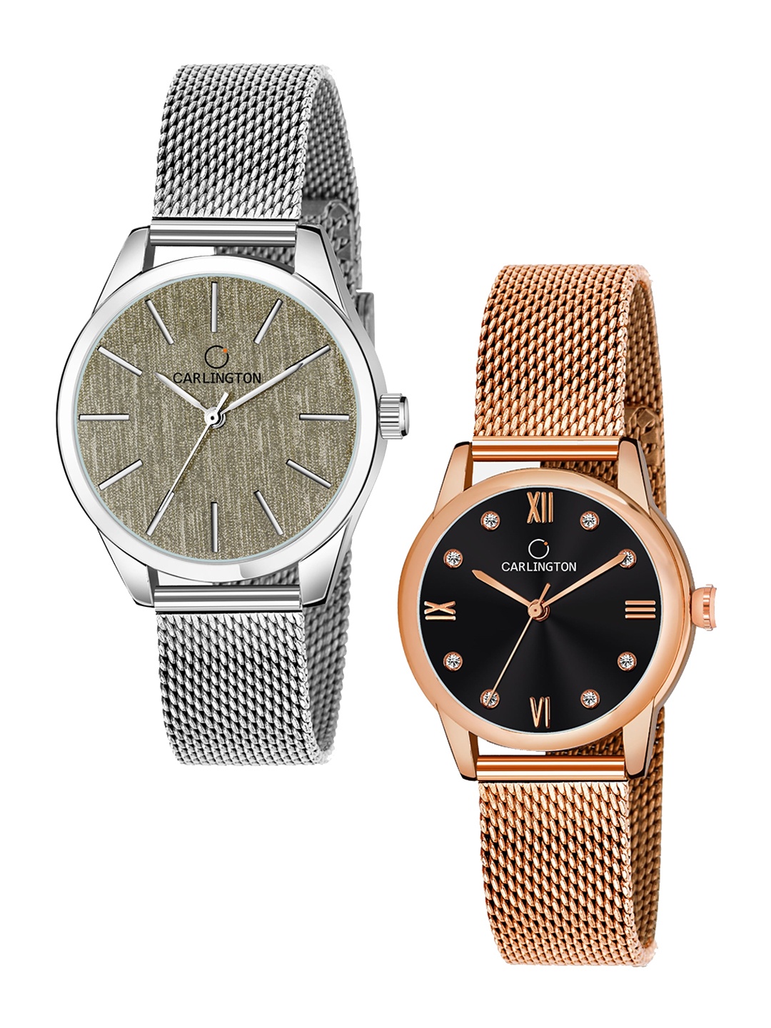 

CARLINGTON Women Set of 2 Silver Toned Stainless Steel Bracelet Style Straps Watch