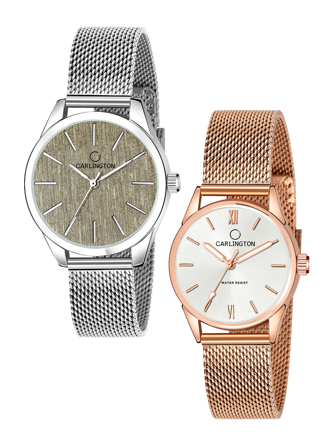 

CARLINGTON Women Silver & Rose Gold Set Of 2 Stainless Steel Bracelet Style Analogue Watch