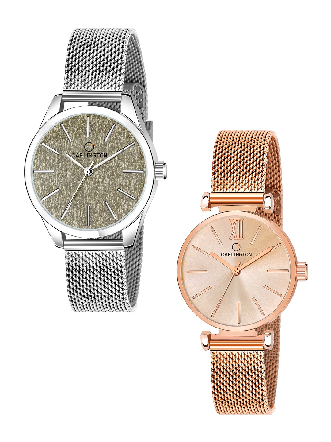 

CARLINGTON Women Set Of 2 Bracelet Style Straps Analogue Watch CT2001, Rose gold