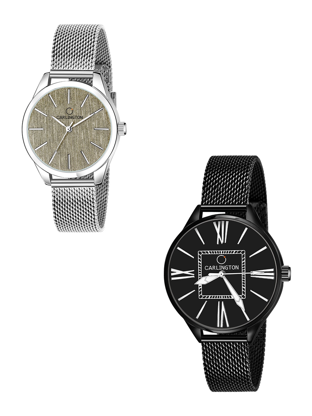 

CARLINGTON Women Set of 2 Black Stainless Steel Bracelet Style Straps Analogue Watch