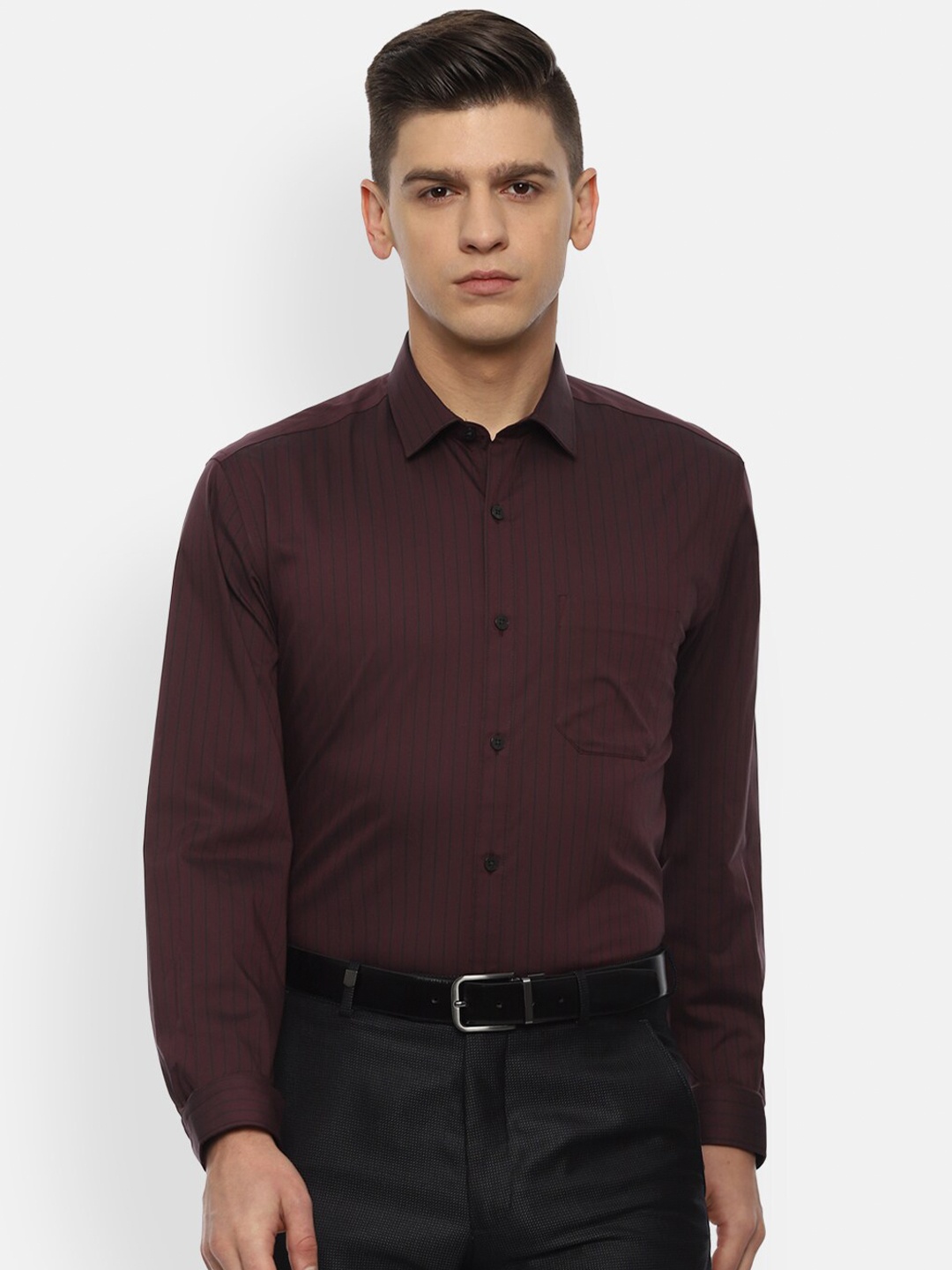 

Louis Philippe Men Maroon Slim Fit Opaque Striped Formal Shirt