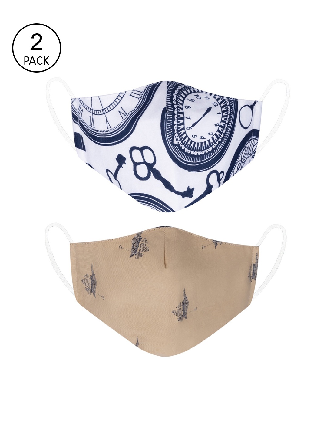 

VEA Adults Pack of 2 Khaki & White Printed Cotton 5 Layered Filtration Face Mask