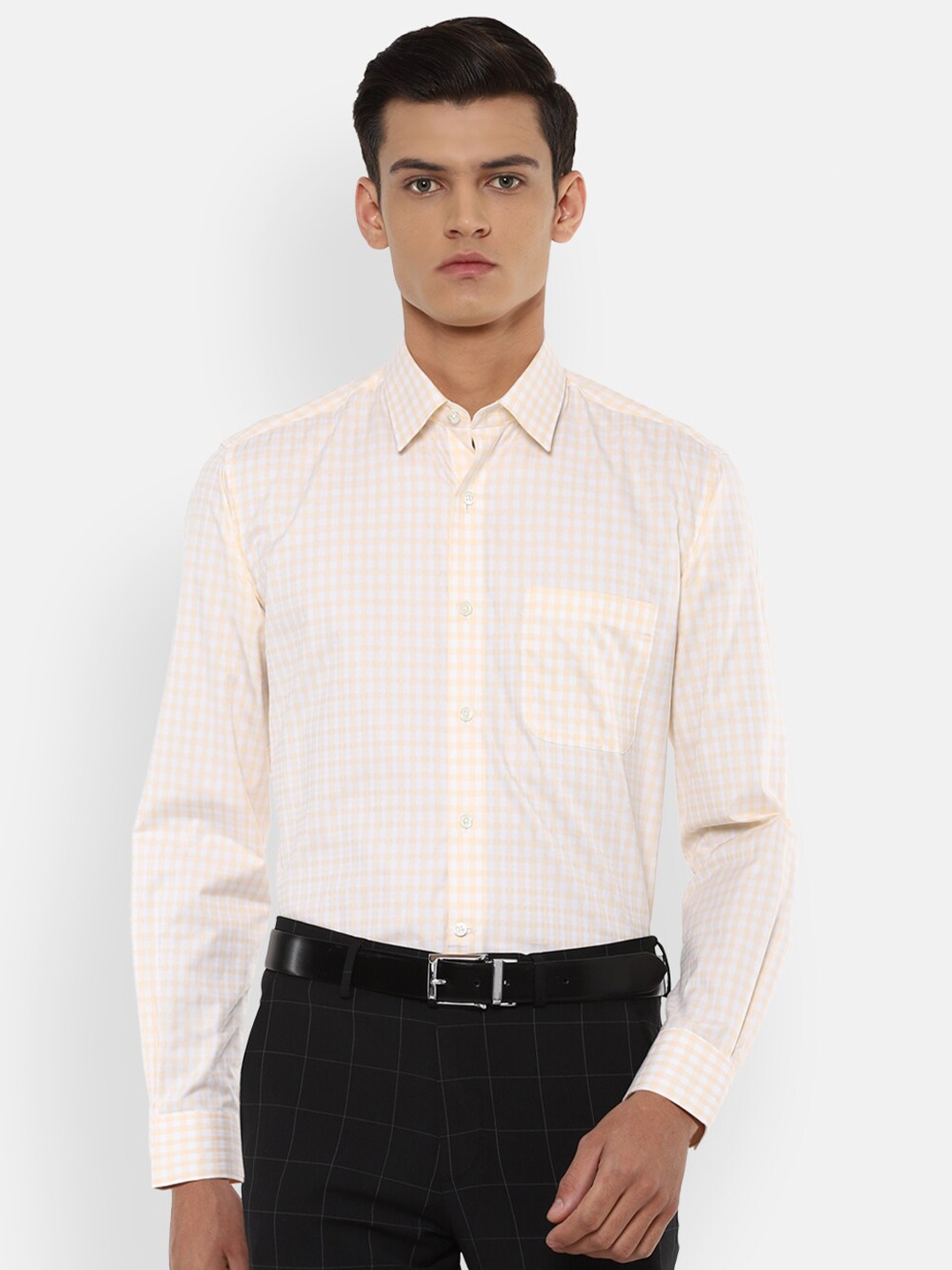 

Luxure by Louis Philippe Men Yellow & White Opaque Checked Pure Cotton Formal Shirt