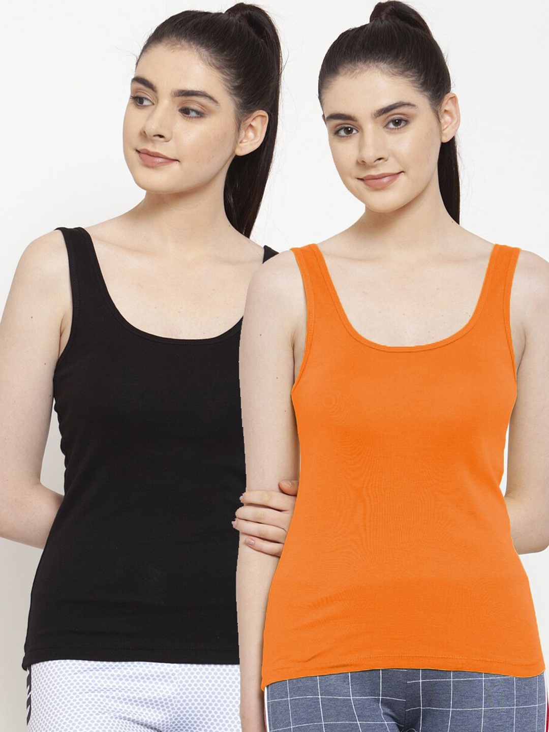 

Friskers Women Pack of 2 Black Orange Cotton Tank Top