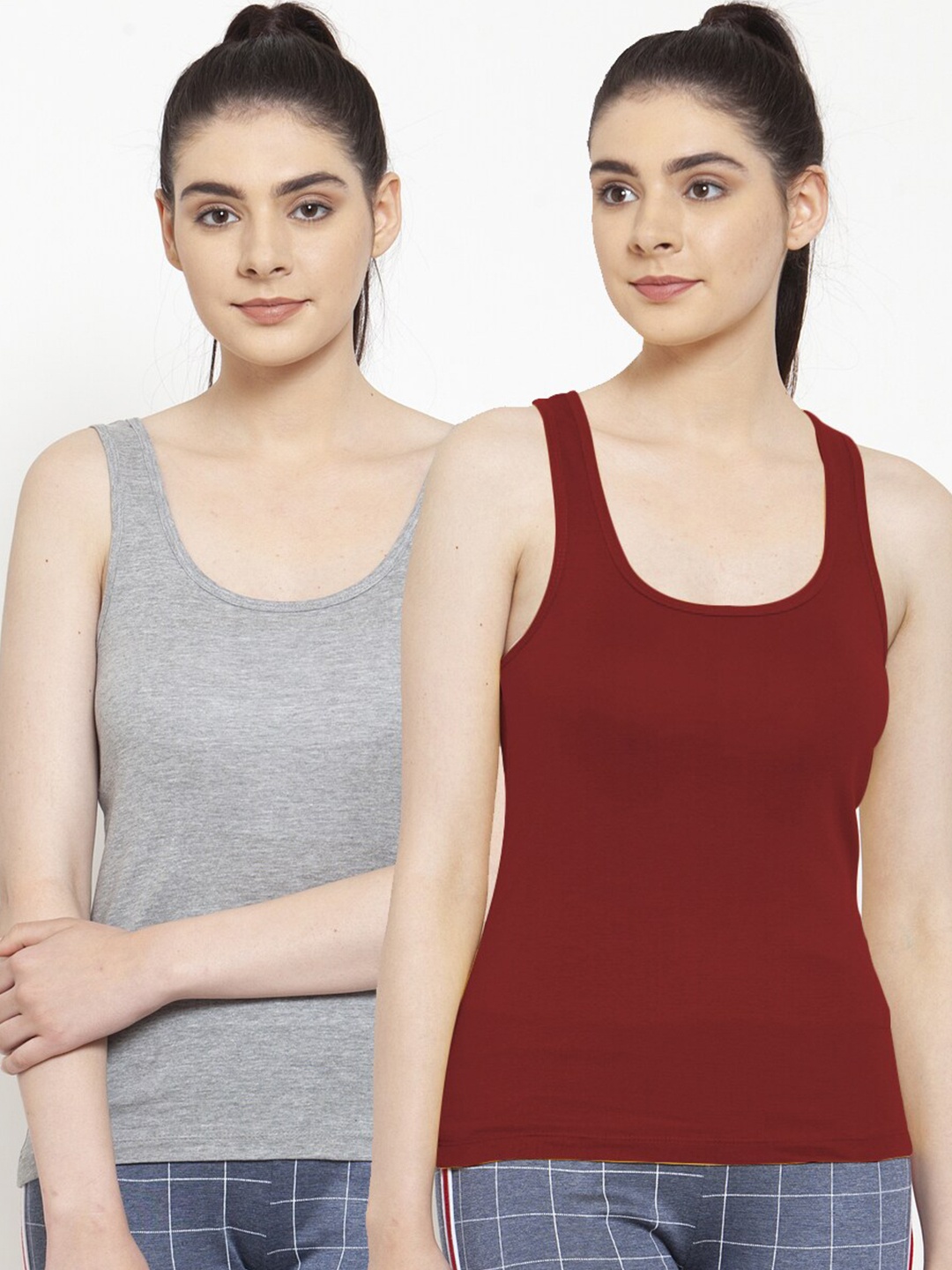 

Friskers Pack Of 2 Grey & Maroon Cotton Tank Top