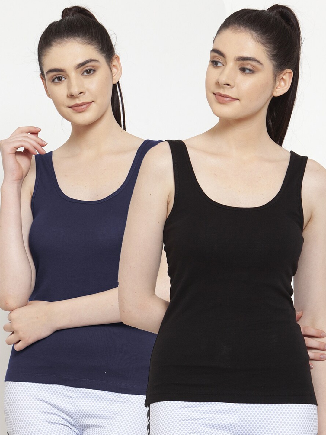 

Friskers Women Pack of 2 Black & Navy Blue Cotton Tank Top