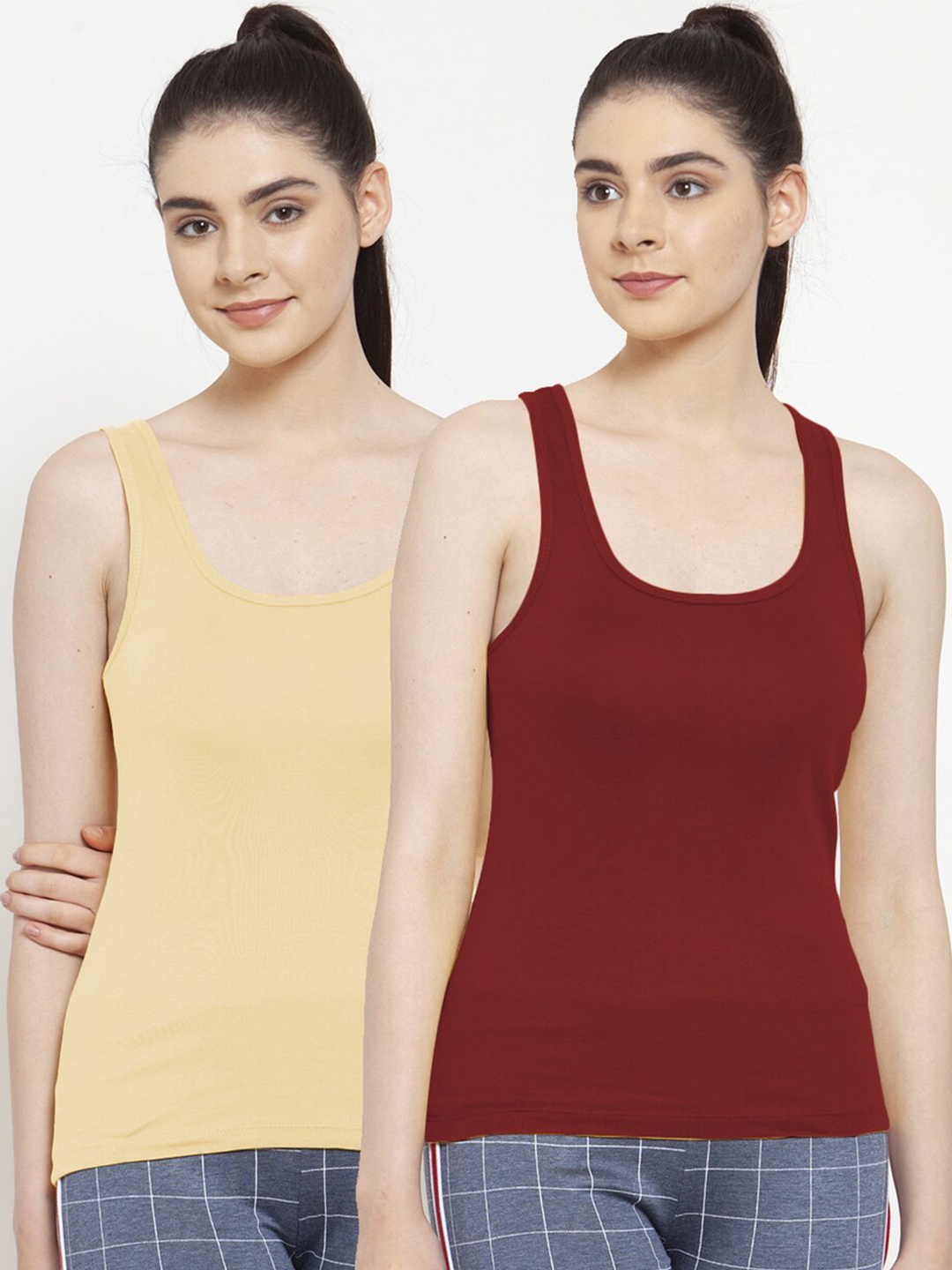 

Friskers Women Set of 2 Maroon & Nude-Coloured Solid Tank Top