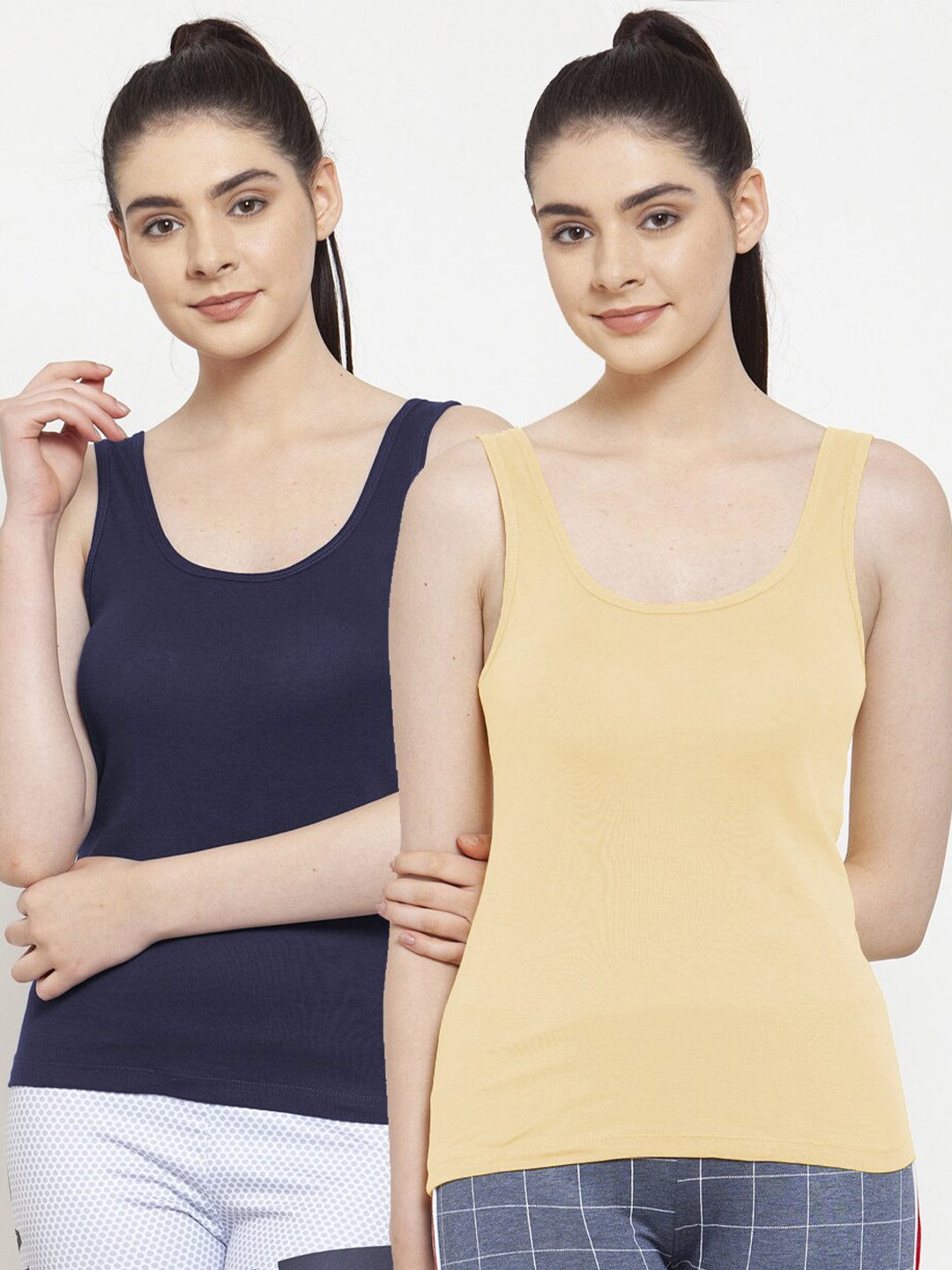 

Friskers Beige & Navy Blue Set Of 2 Tank Top