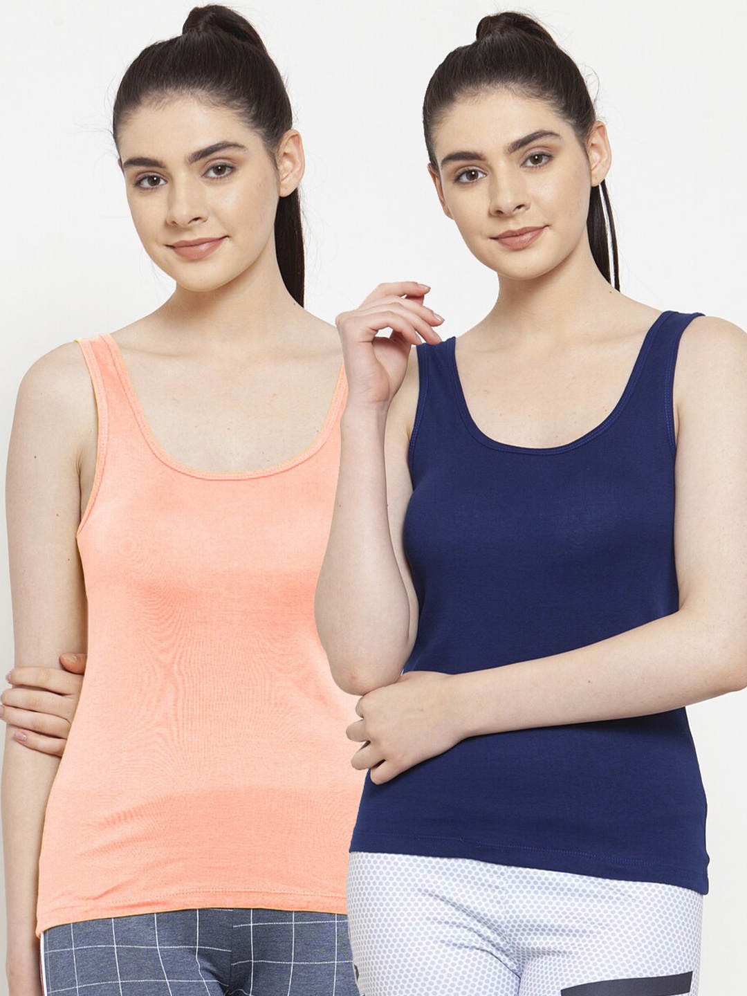 

Friskers Pack Of 2 Navy Blue & Peach-Coloured Cotton Tank Top