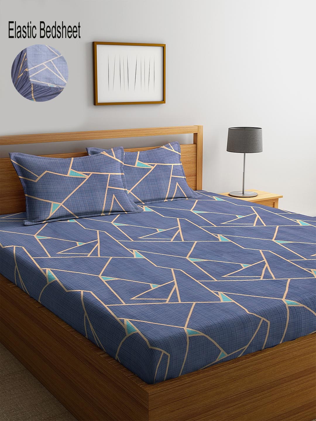 

KLOTTHE Blue & Beige Geometric 300 TC Fitted Double Bedsheet with 2 Pillow Covers