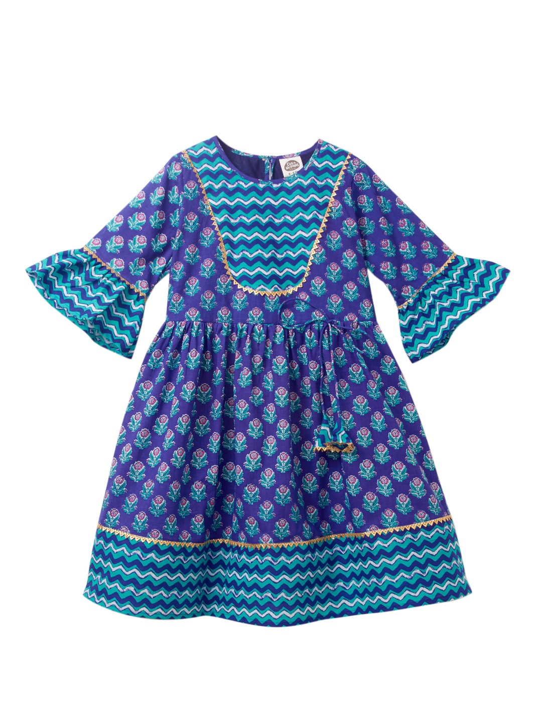 

Cub McPaws Girls Blue Geometric Printed Gotta Patti Pure Cotton Anarkali Kurta