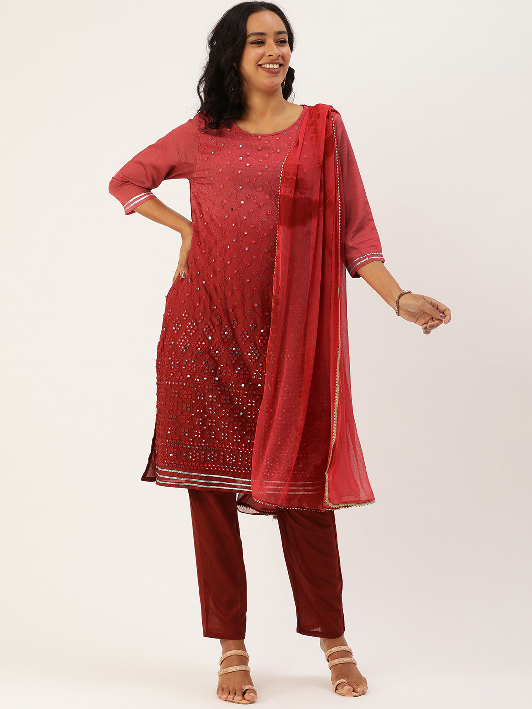 

SWAGG INDIA Women Maroon Silk Blend Embroidered Mirror Work Kurta with Trousers & Dupatta