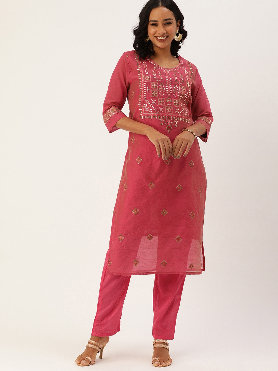 

SWAGG INDIA Women Pink Silk Blend Embroidered Mirror Work Kurta with Trousers