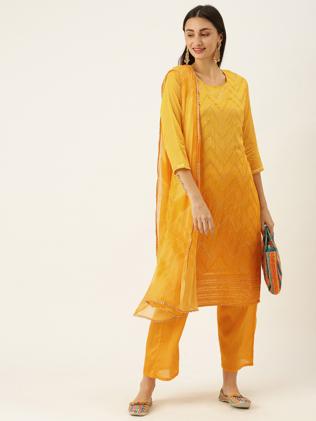 

SWAGG INDIA Women Yellow Ethnic Motifs Embroidered Regular Mirror Work Kurta Set & Dupatta