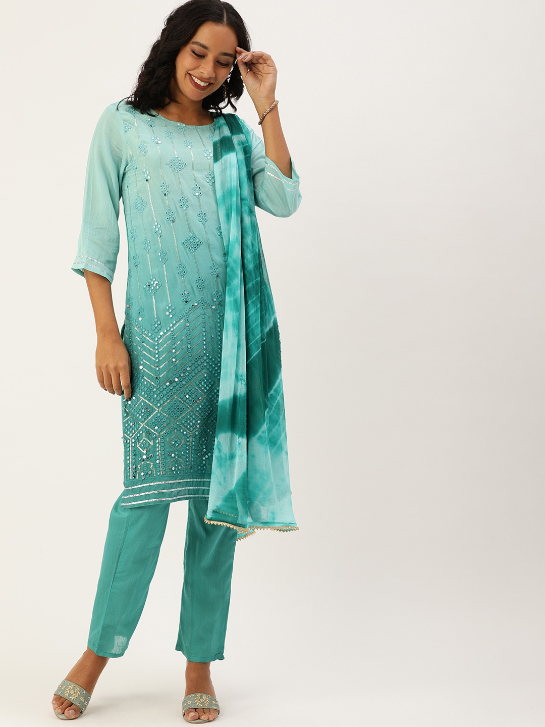 

SWAGG INDIA Women Sea Green Silk Blend Embroidery MirrorWork Kurta with Trousers & Dupatta