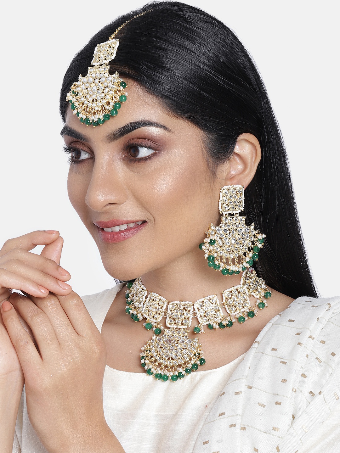 

I Jewels Gold Plated Pearl Kundan Studded Choker Necklace Jewellery Set, Green
