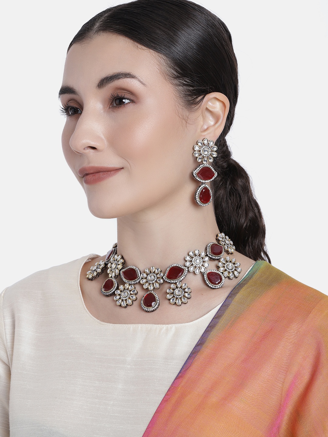 

I Jewels Gold Plated Maroon Stone & Kundan Necklace Jewellery Set