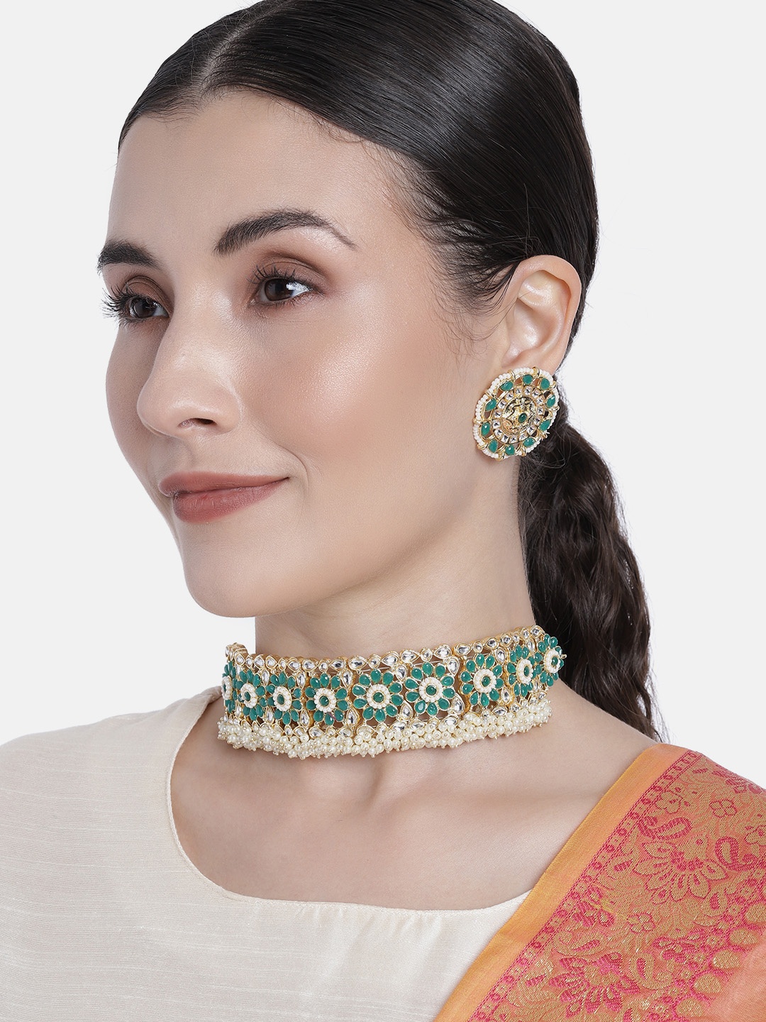 

I Jewels Green & White Gold-Plated Kundan & Pearl Embellished Jewellery Set