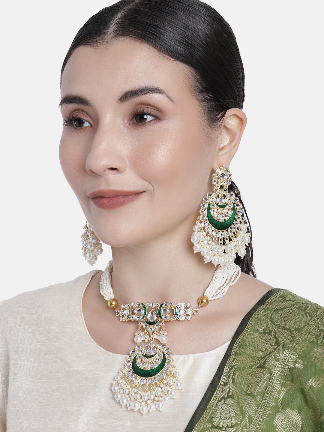 

I Jewels Green Gold-Plated Pearl Kundan Enamel Necklace Jewellery Set