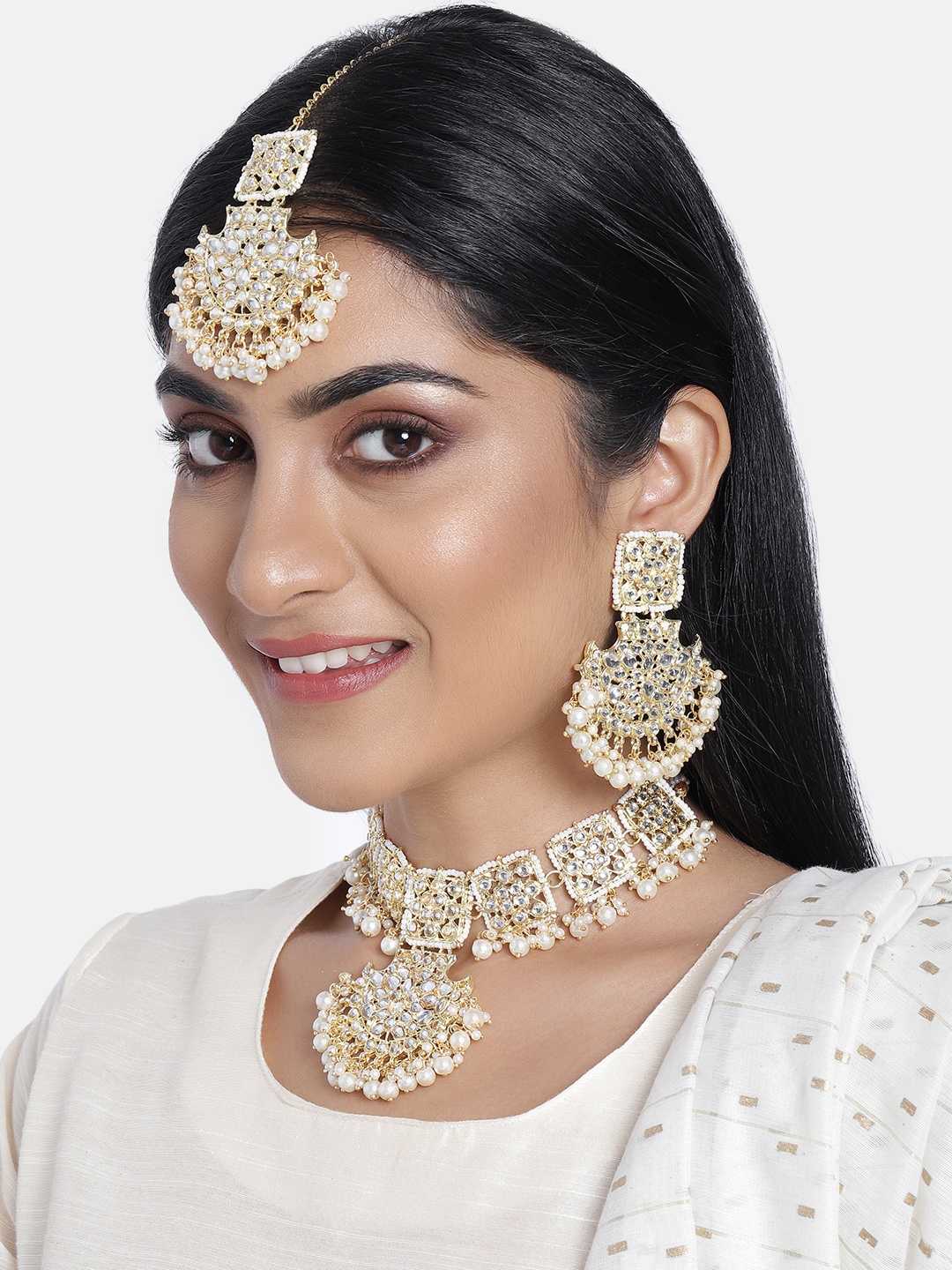

I Jewels White Gold-Plated Kundan & Pearl Embellished Jewellery Set