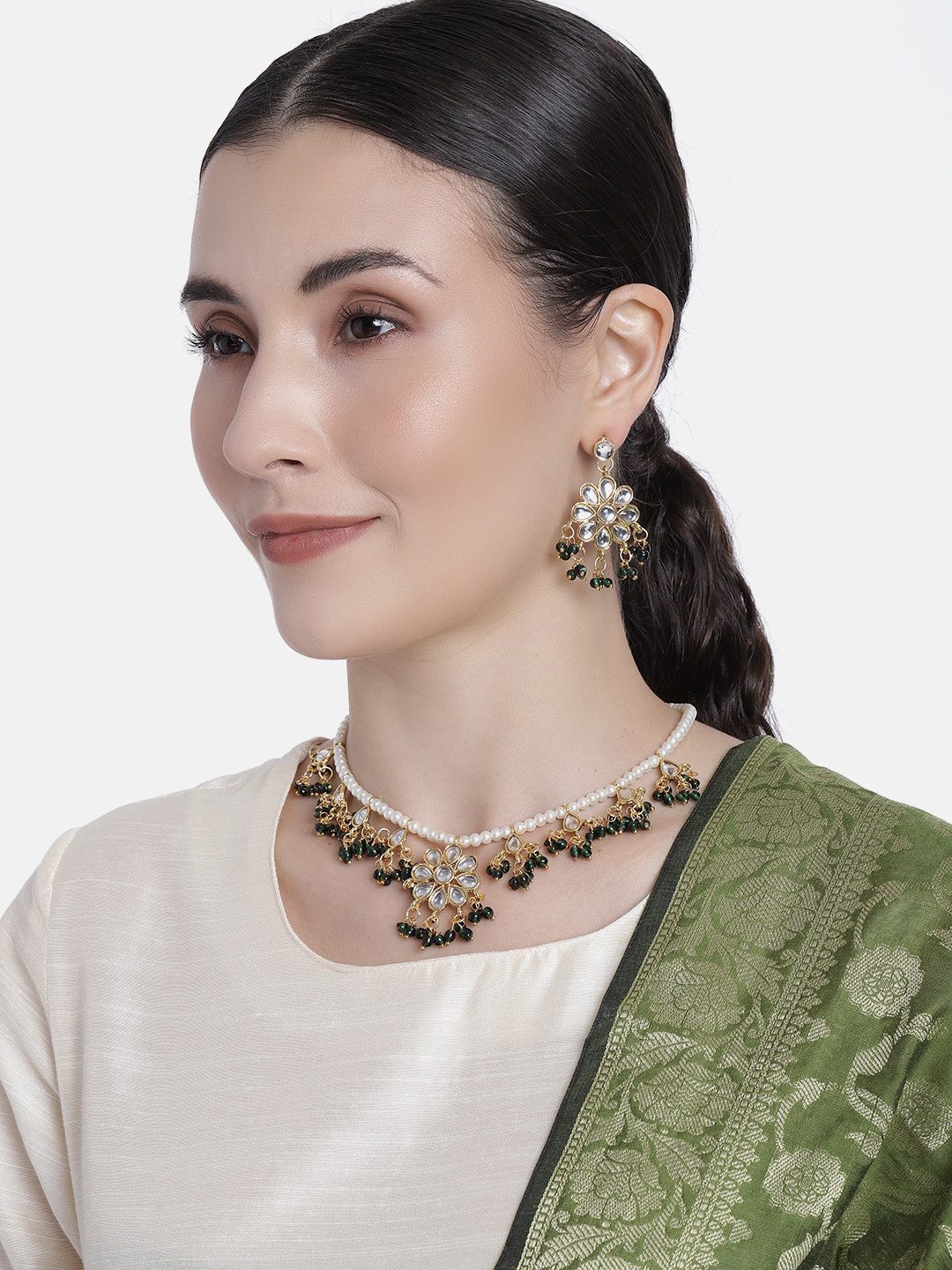 

I Jewels Gold Plated Kundan & Pearl Moti Mala Necklace Jewellery Set, Green