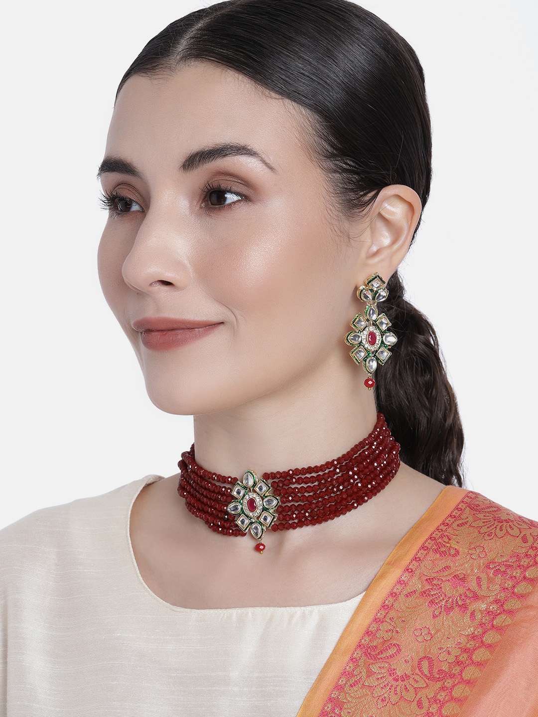 

I Jewels Maroon & Green Gold-Plated Embellished Choker Jewellery Set
