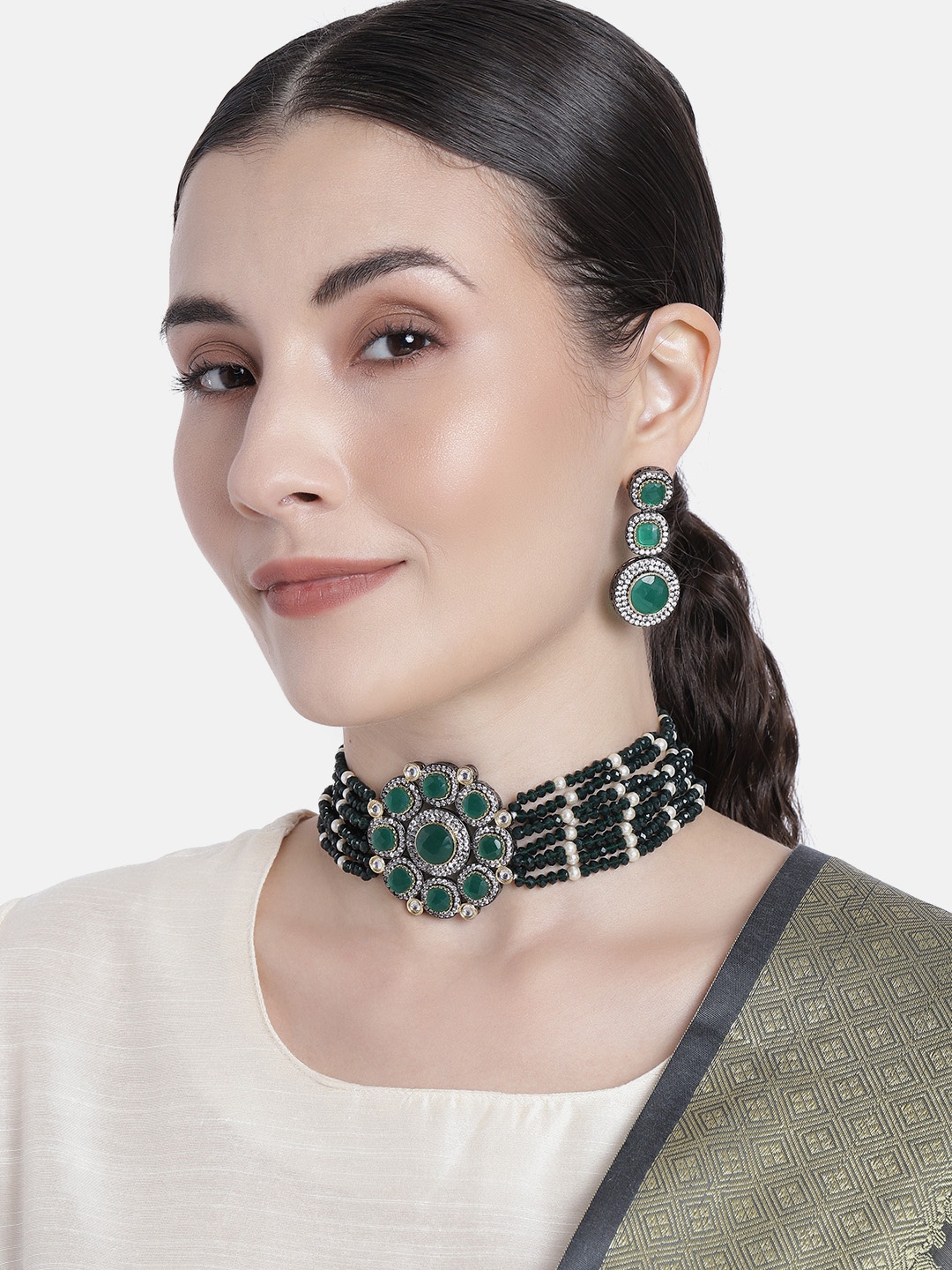 

I Jewels Green Gold-Plated Embellished Choker Jewellery Set