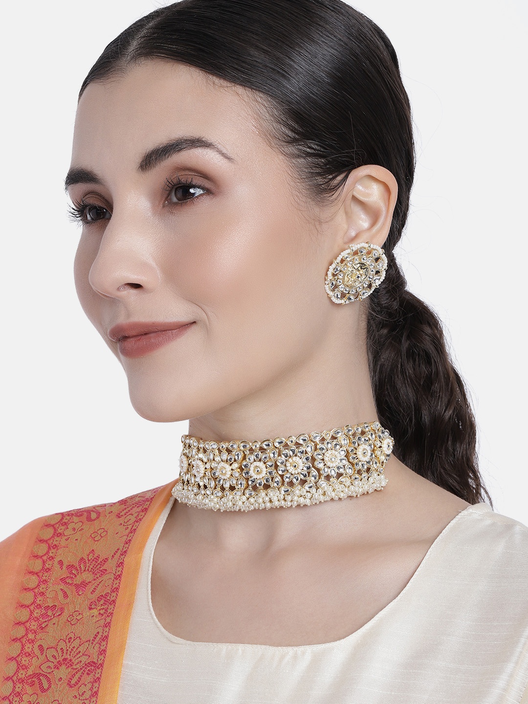 

I Jewels White Gold-Plated Kundan & Pearl Embellished Choker Necklace Jewellery Set