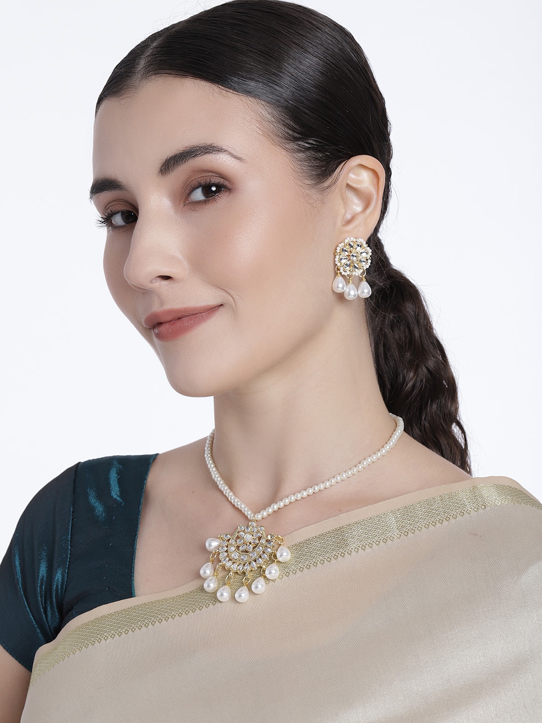 

I Jewels Gold Plated Kundan & Pearl Studded & Beaded Moti Mala Necklace Jewellery Set, White