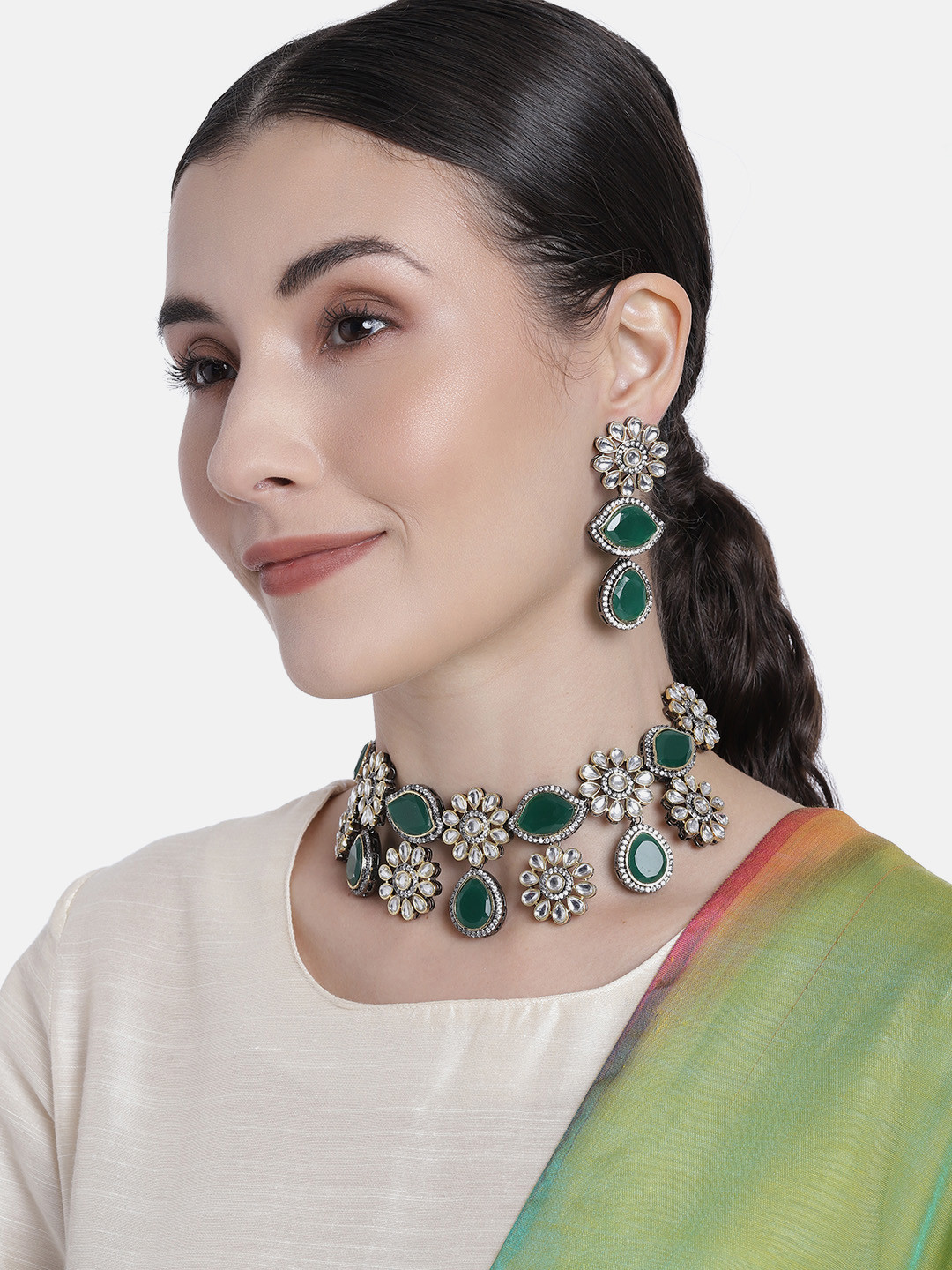

I Jewels Green & White Gold-Plated Kundan Embellished Jewellery Set