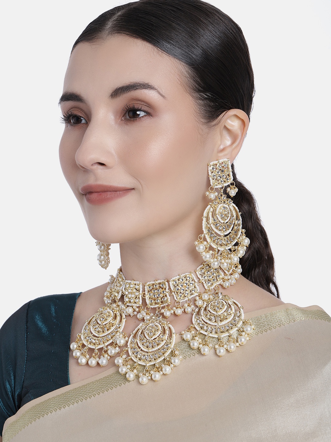 

I Jewels White Gold-Plated Kundan & Pearl Embellished Jewellery Set