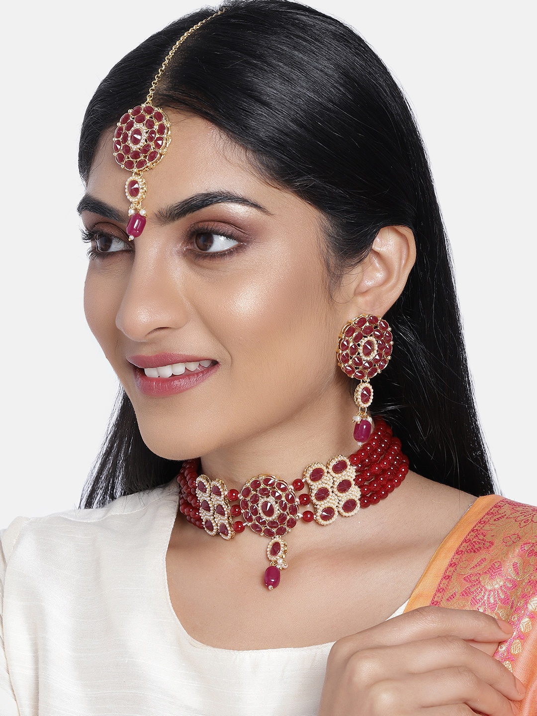 

I Jewels Maroon Gold-Plated Pearl Choker & Earring Jewellery Set