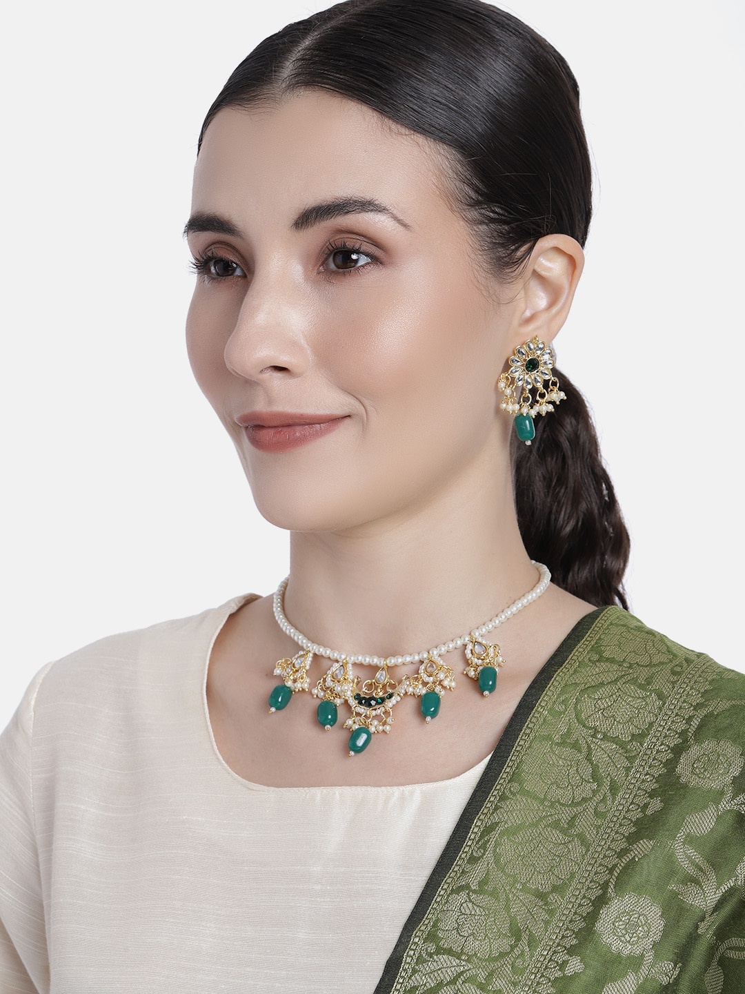 

I Jewels Gold-Plated Green Beaded Pearl Moti Mala Necklace Jewellery Set