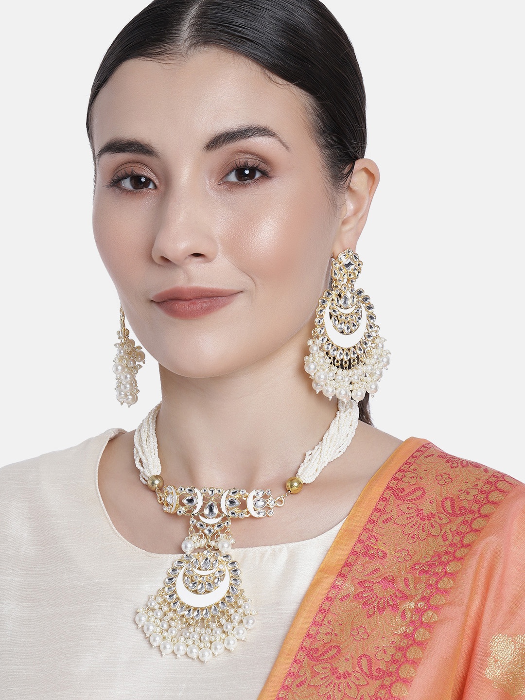 

I Jewels White Gold-Plated Pearl Kundan Enamel Necklace Jewellery Set