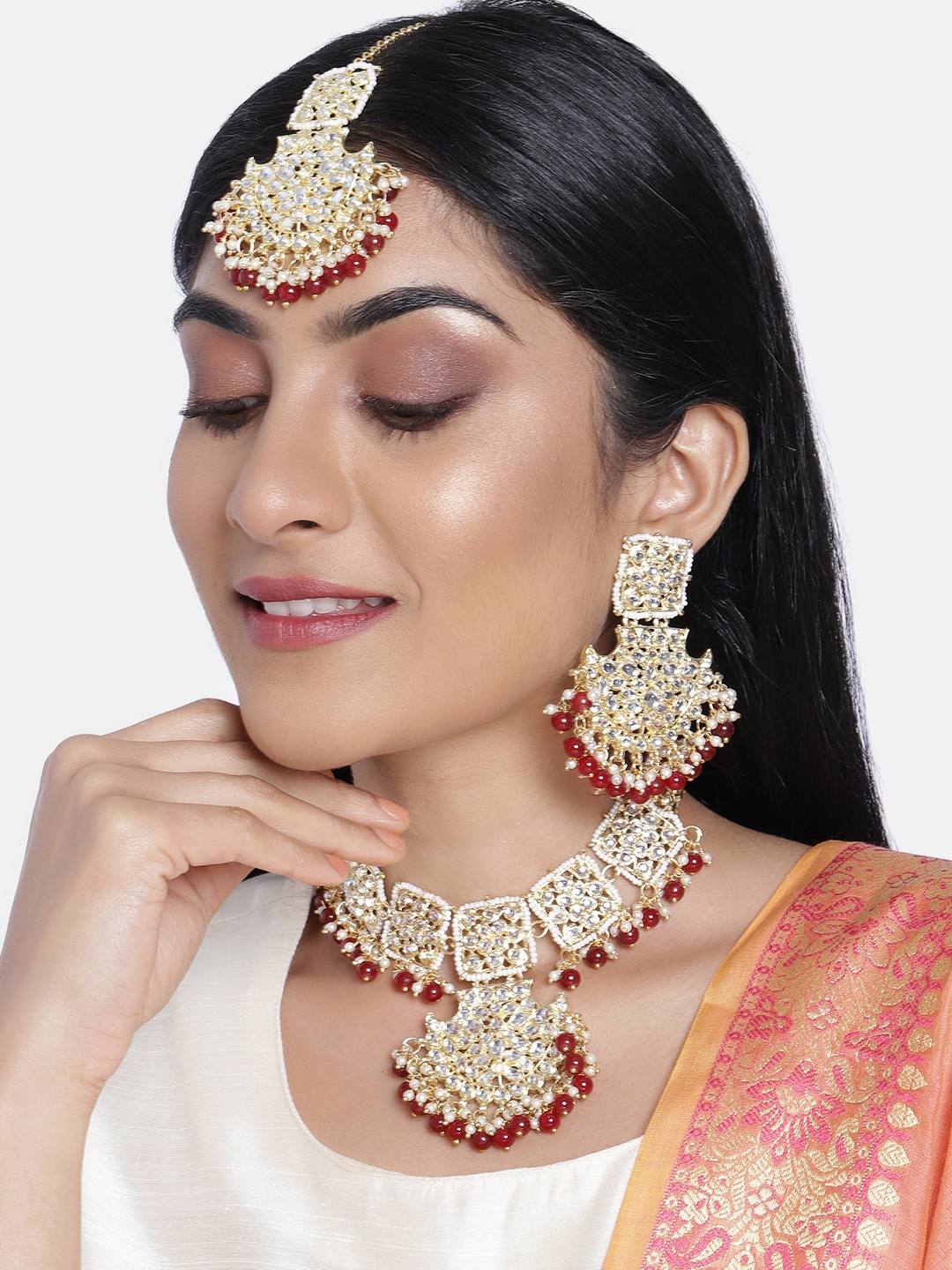 

I Jewels Maroon & White Gold-Plated Kundan & Pearl Embellished Jewellery Set