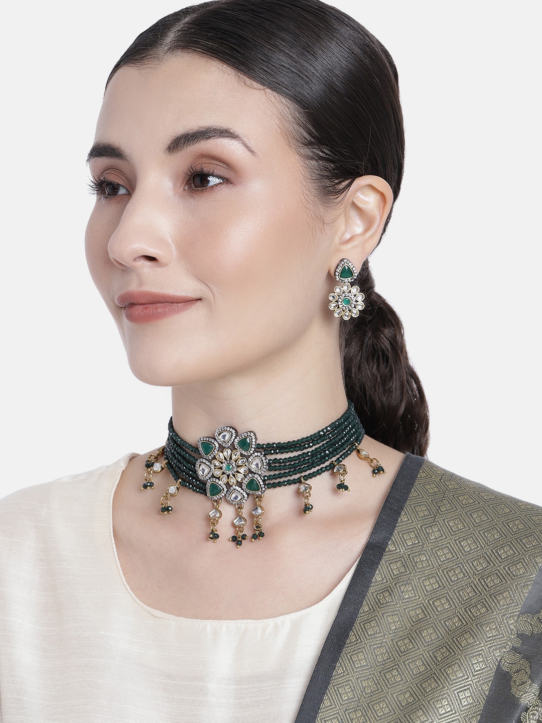 

I Jewels Green Gold-Plated Stone Studded & Beaded Choker & Earring Jewellery Set