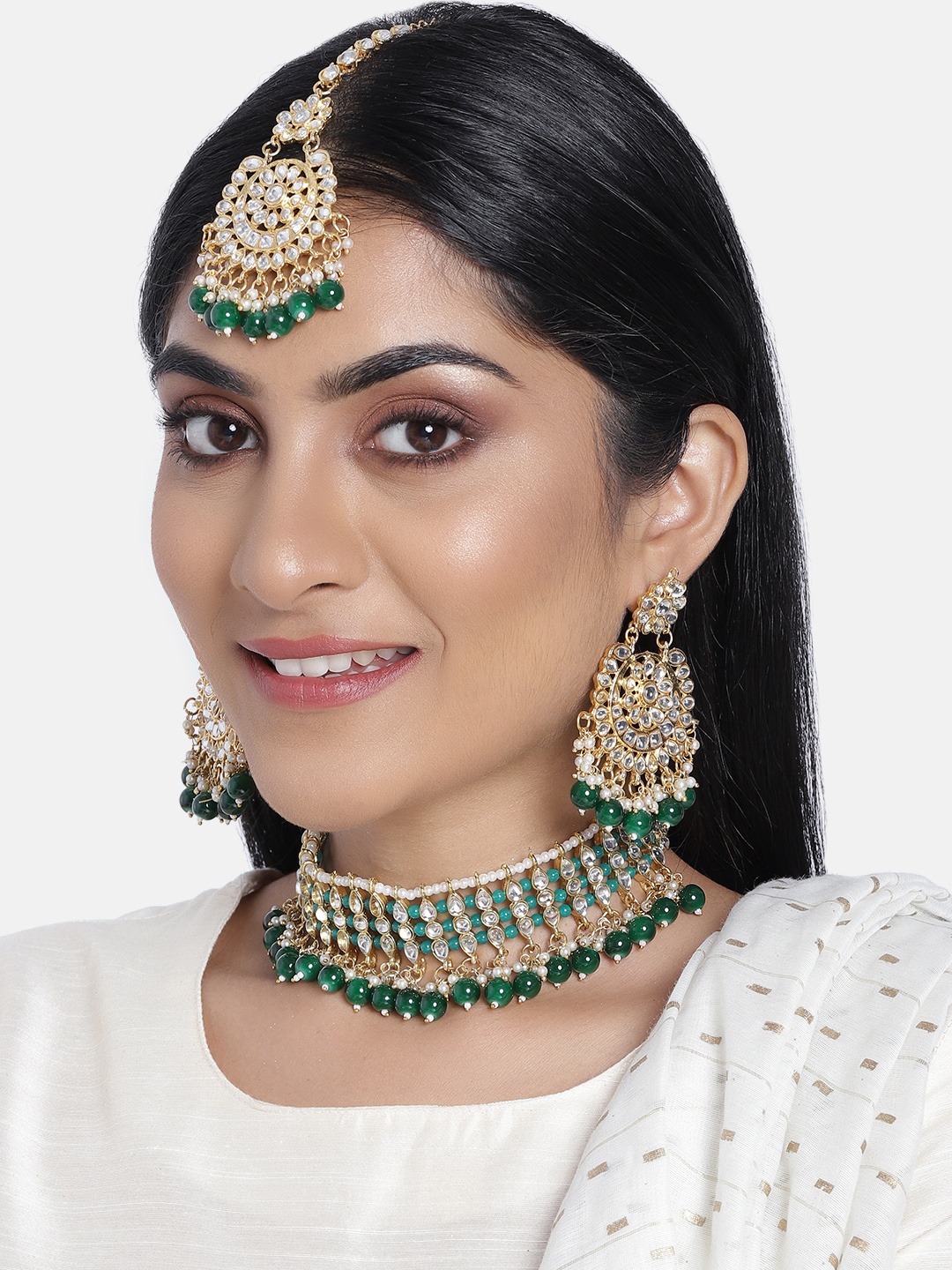 

I Jewels Green & White Gold-Plated Pearl Embellished Jewellery Set