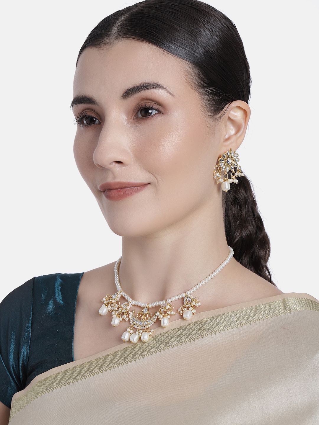 

I Jewels Gold Plated White Pearl & Kundan Moti Mala Necklace Jewellery Set