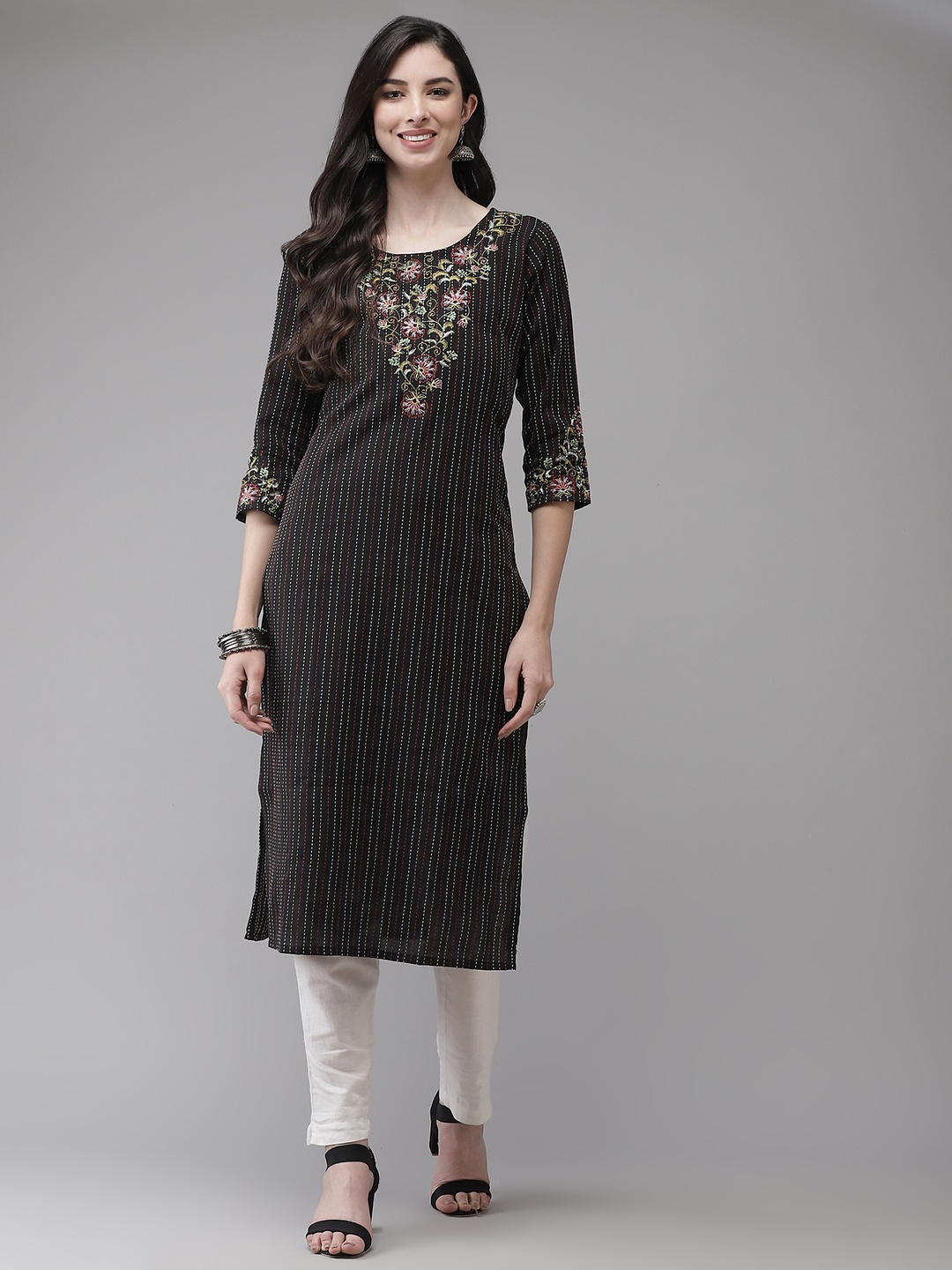 

Yufta Women Black & Multicoloured Yoke Design Kantha Work Floral Kurta