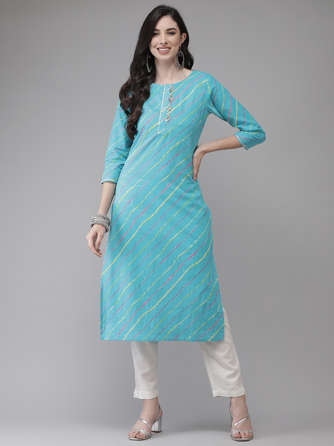 

Yufta Women Turquoise Blue & Multicoloured Leheriya Printed Gotta Patti Kurta