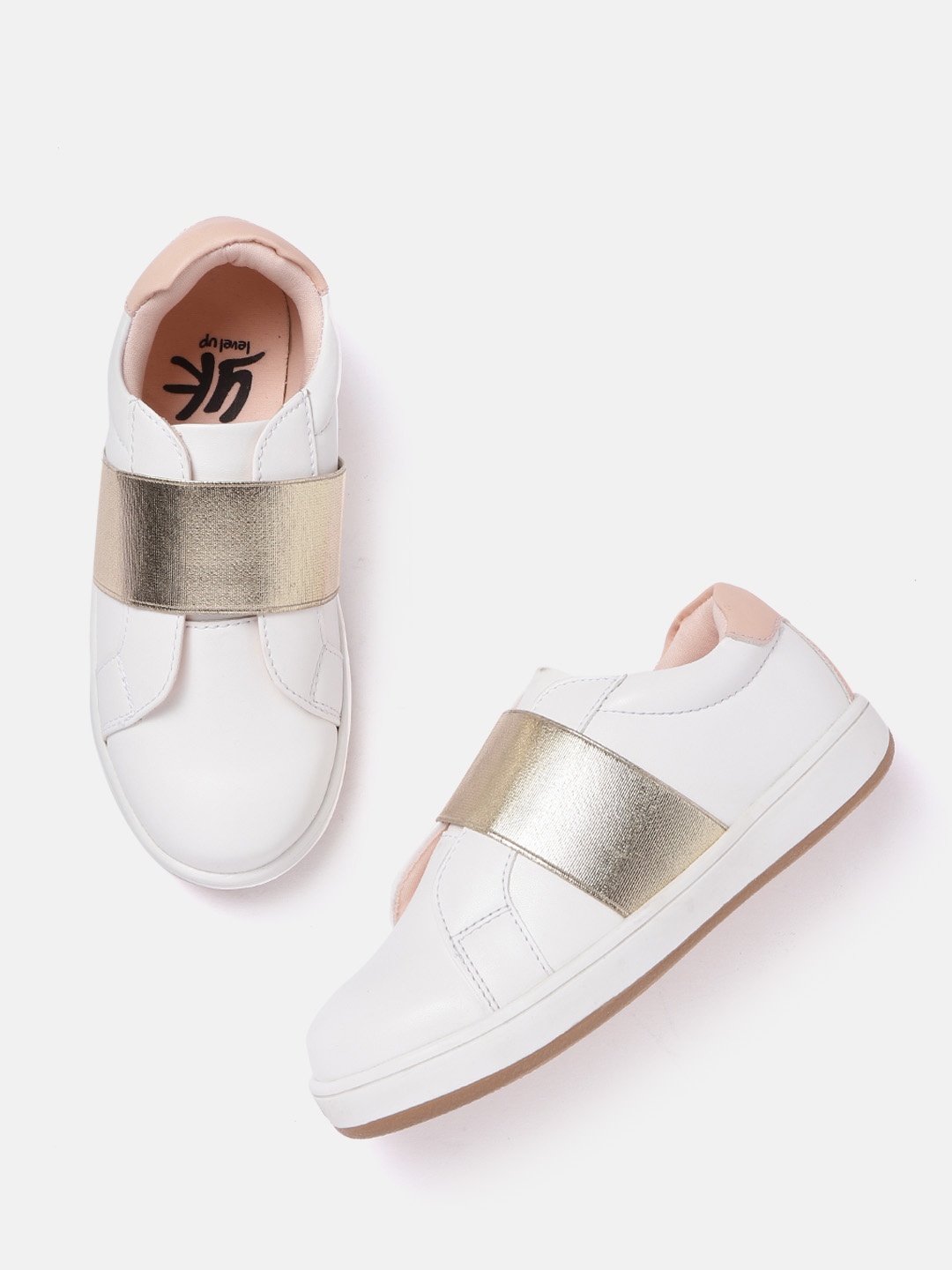 

YK Girls White & Gold-Toned Colourblocked Slip-On Sneakers