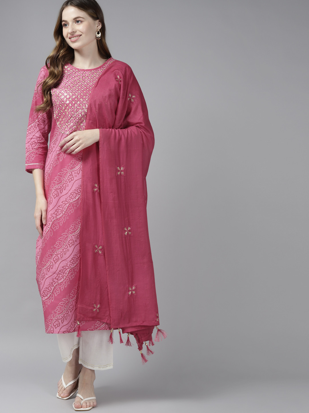 

Yufta Women Pink Bandhani Yoke Design Regular Sequinned Pure Cotton Kurta with Palazzos & With Dupatta