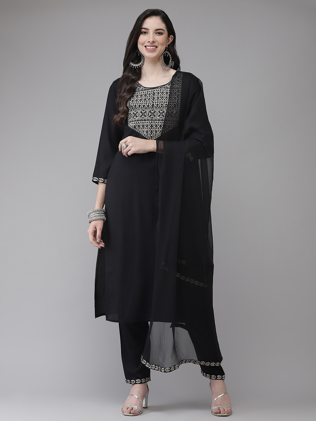 

Yufta Women Black Yoke Design Regular Kurta with Palazzos & With Dupatta