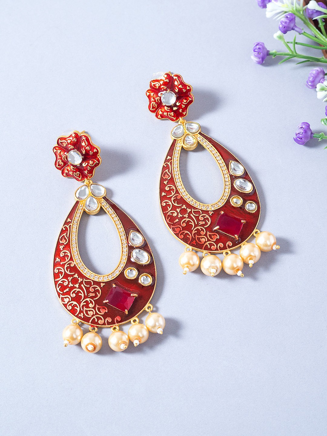 

Golden Peacock Red & Gold-Toned Teardrop Shaped Drop Earrings