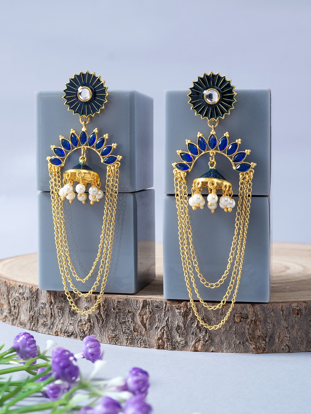 

Golden Peacock Blue & Gold-Toned Contemporary Drop Earrings