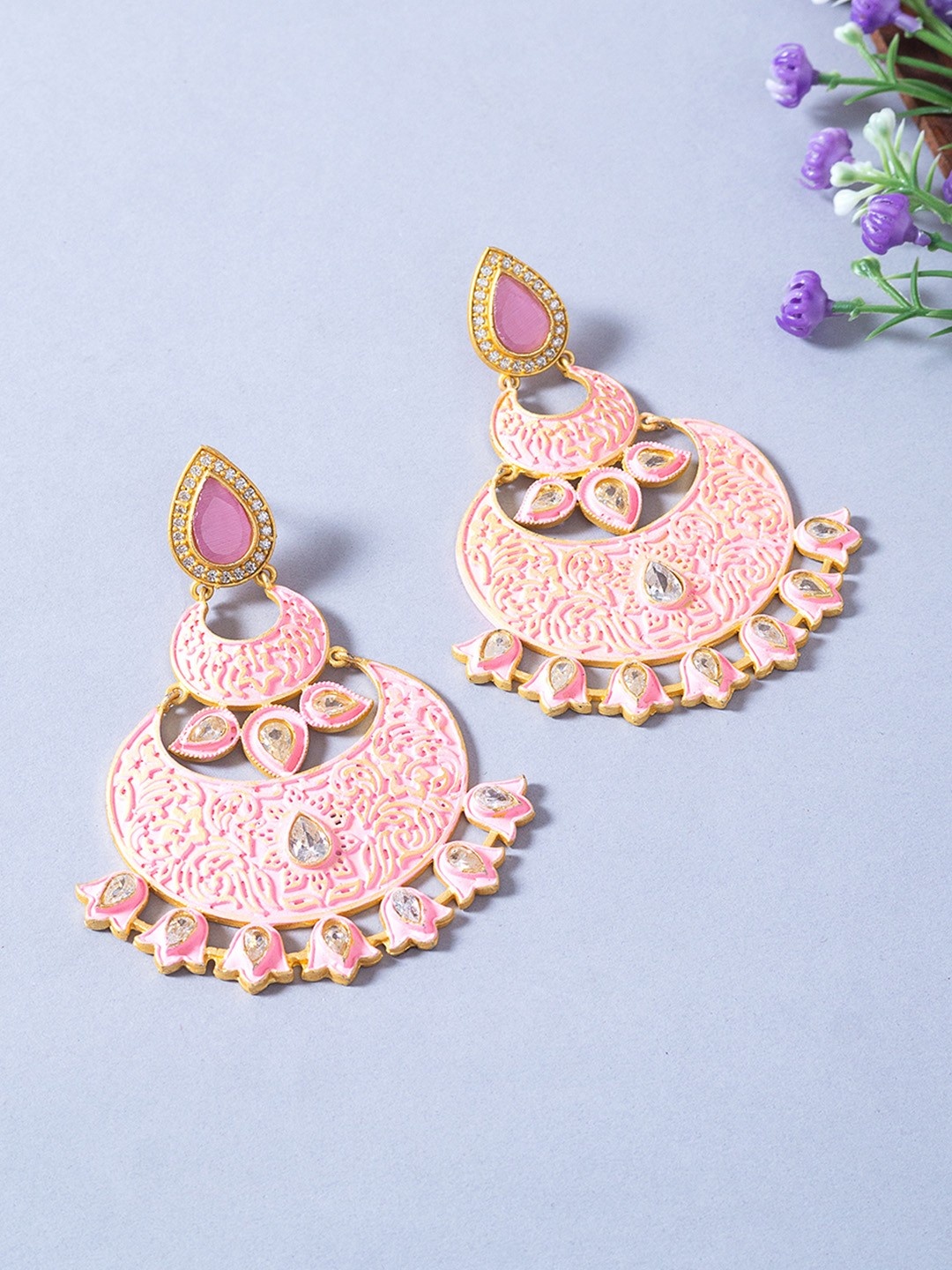 

Golden Peacock Pink & Gold-Toned Crescent Shaped Chandbalis Earrings