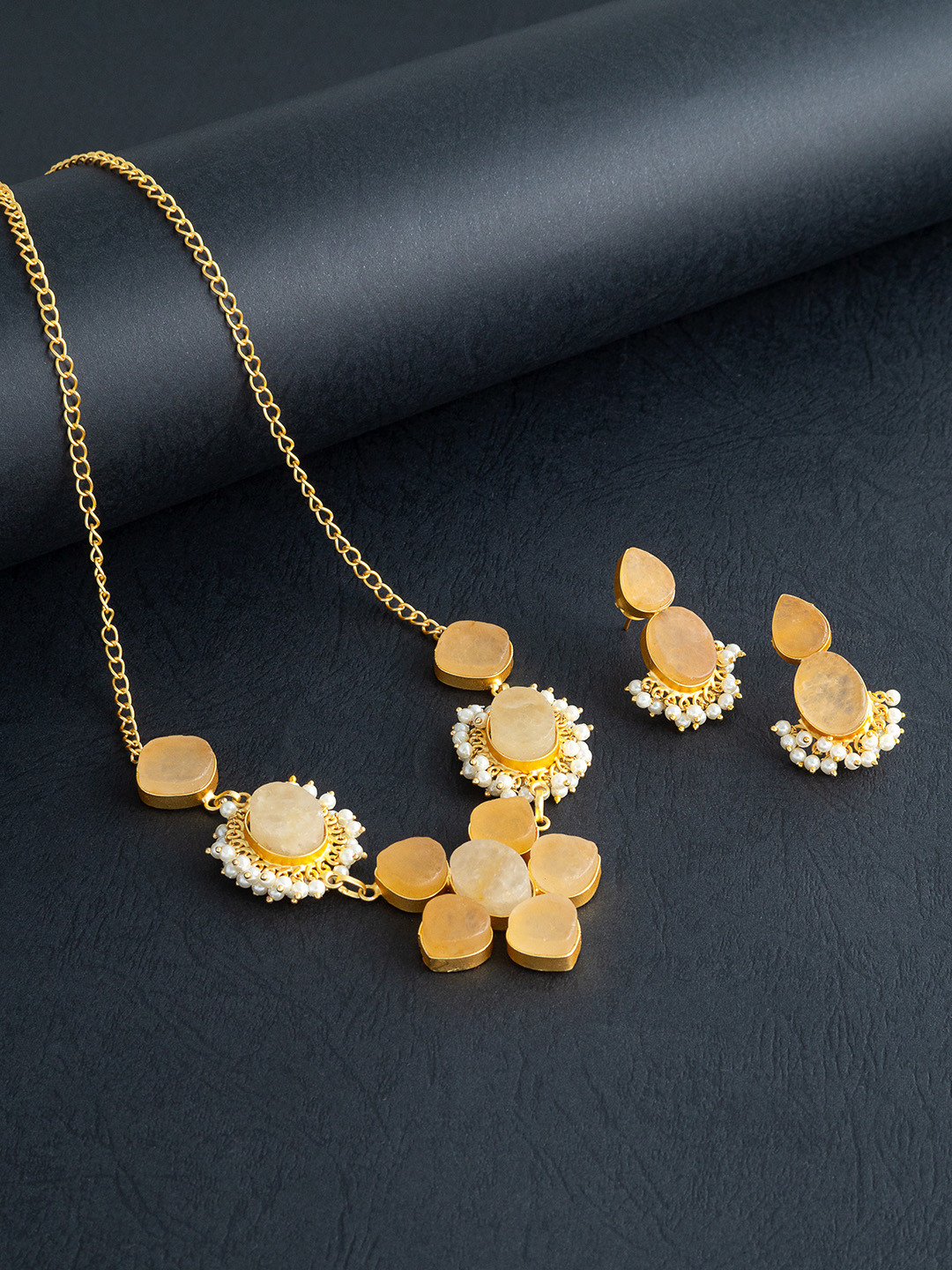 

Golden Peacock Gold-Toned Handcrafted Pearl Studded Jewellery Set, Mustard