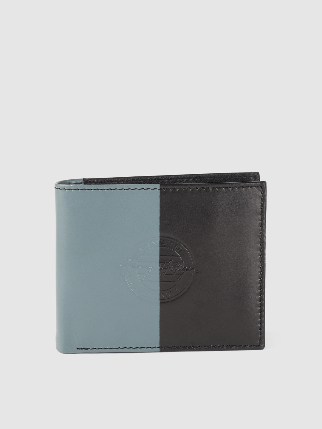 

Tommy Hilfiger Men Black & Grey Colourblocked Leather Two Fold Wallet