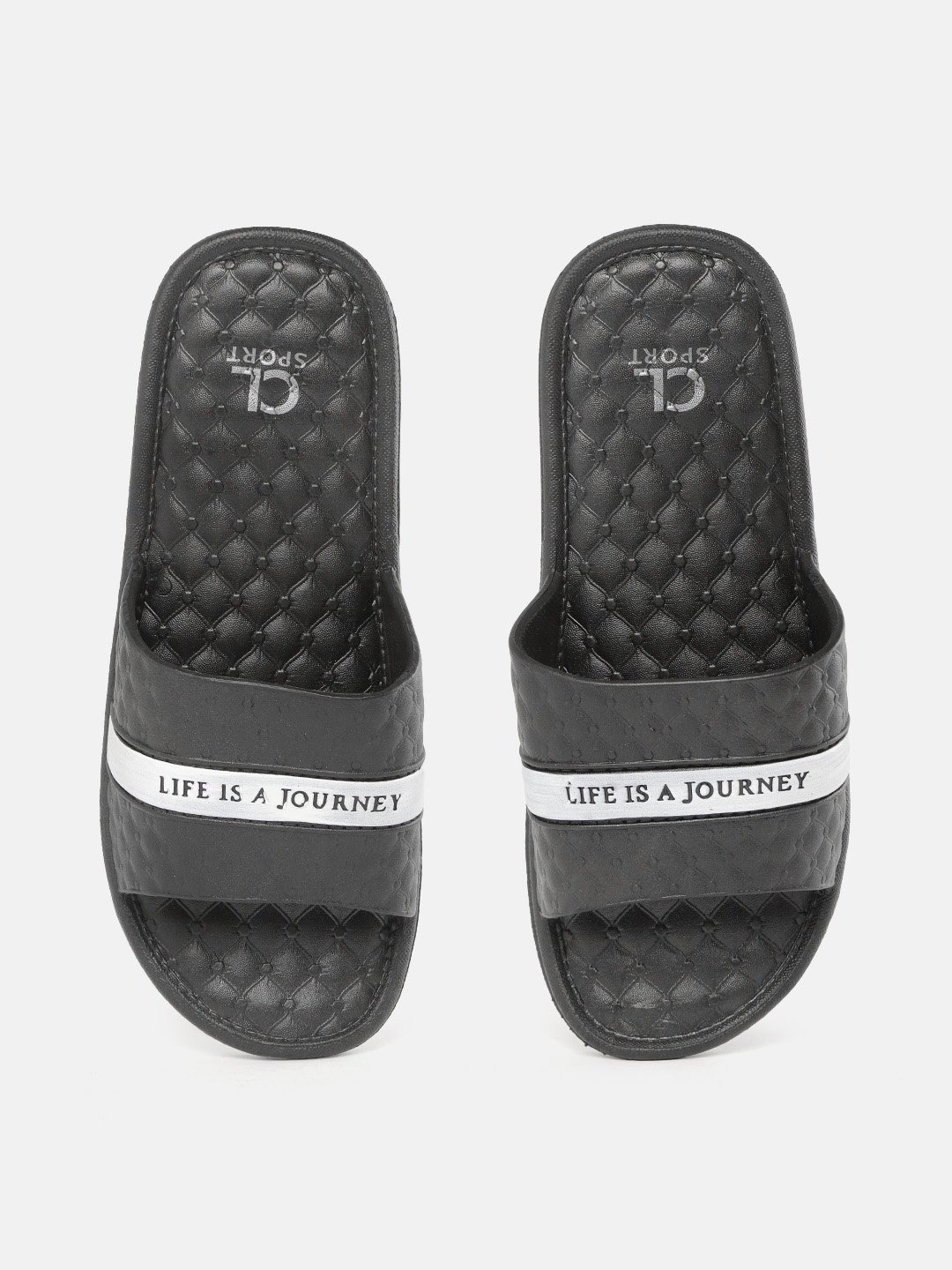 

Carlton London Women Black & White Self-Design Sliders with Typography Detail